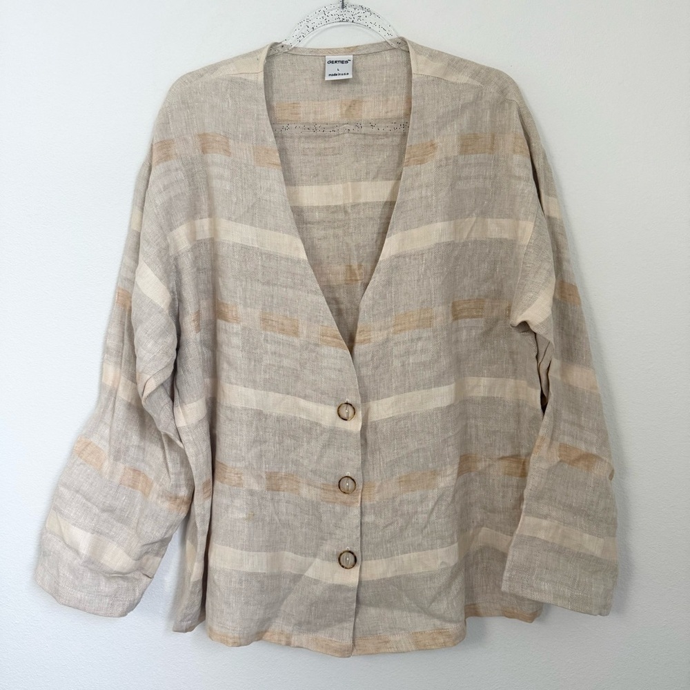 GERTIES Cream Striped Long Sleeve 100% Linen Blouse Cardigan Vacation Size L
